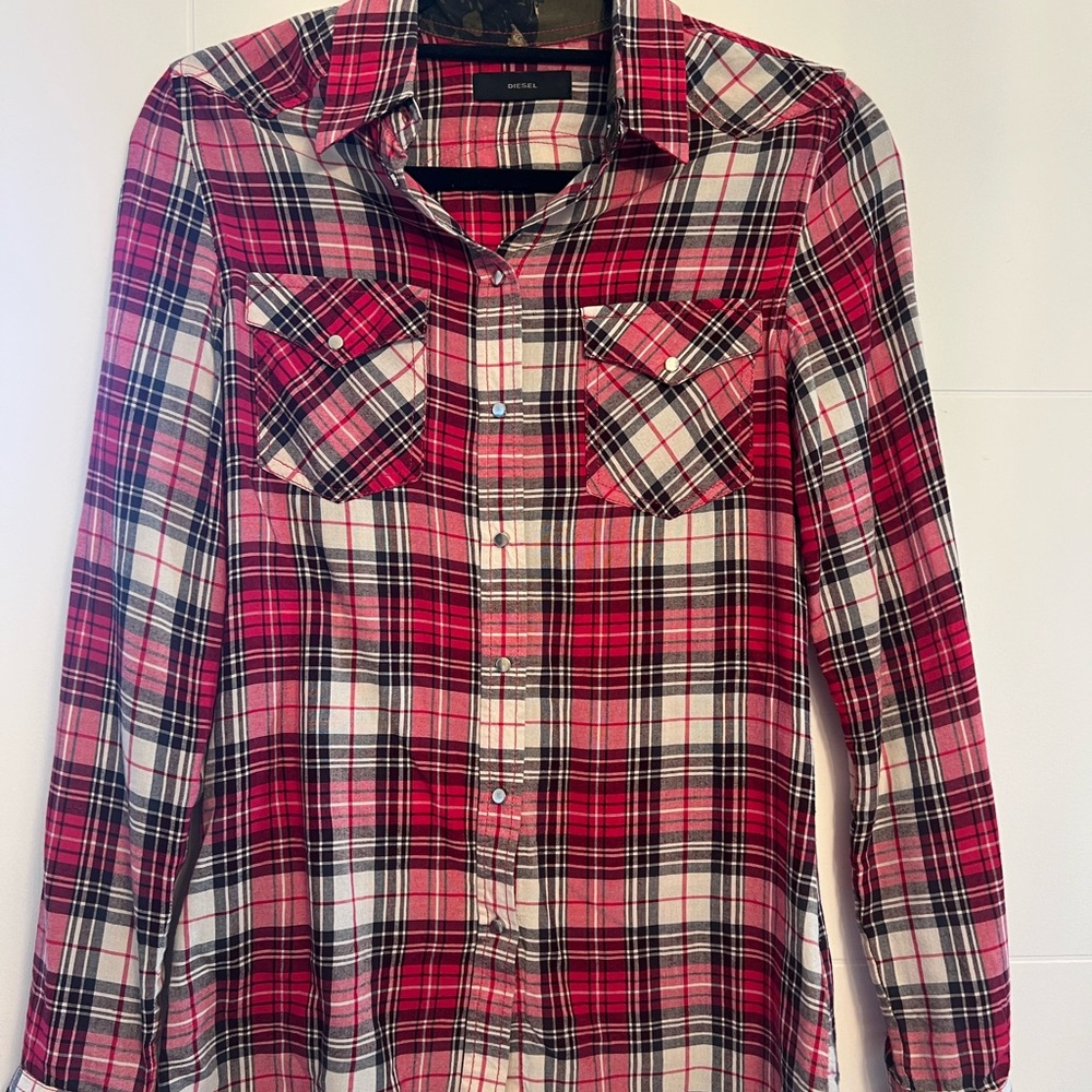 Red and White Plaid Snap Button-Up Shirt